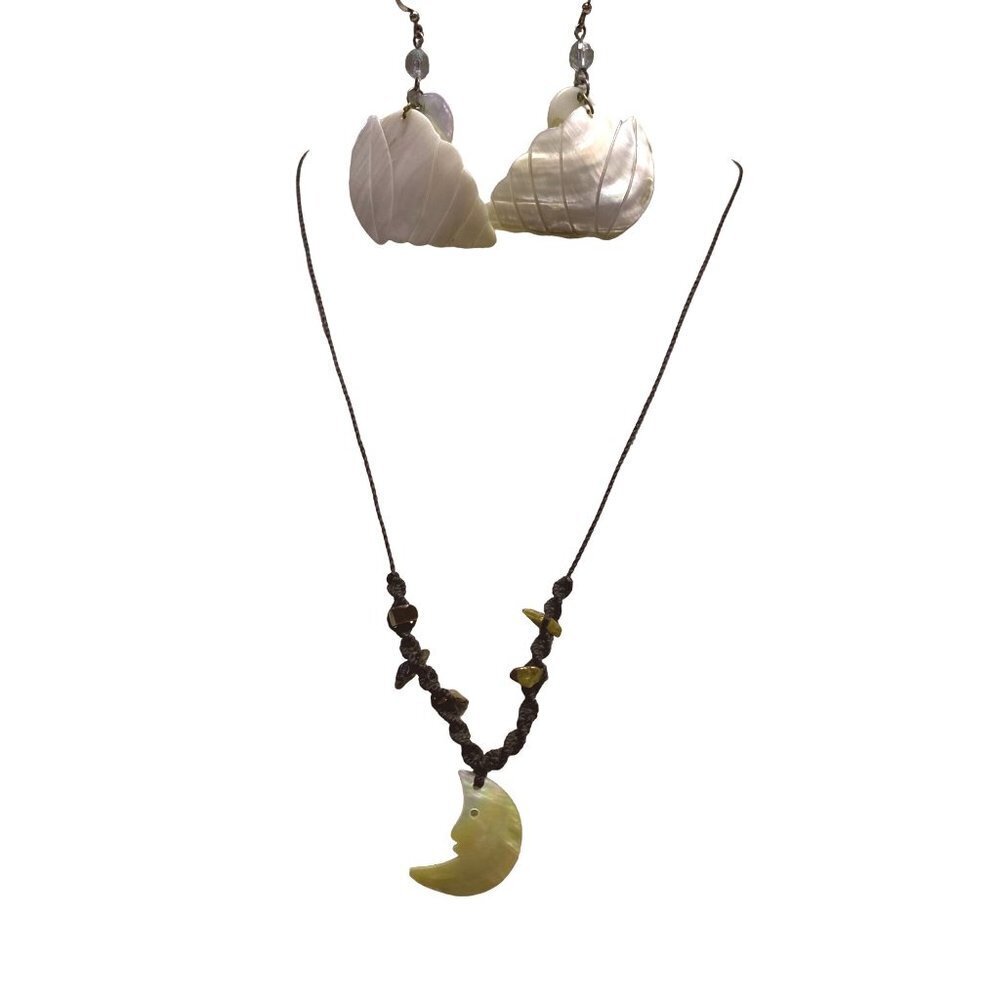 Mother pearl of shell iridescent dangle earrings and crescent moon charm necklac